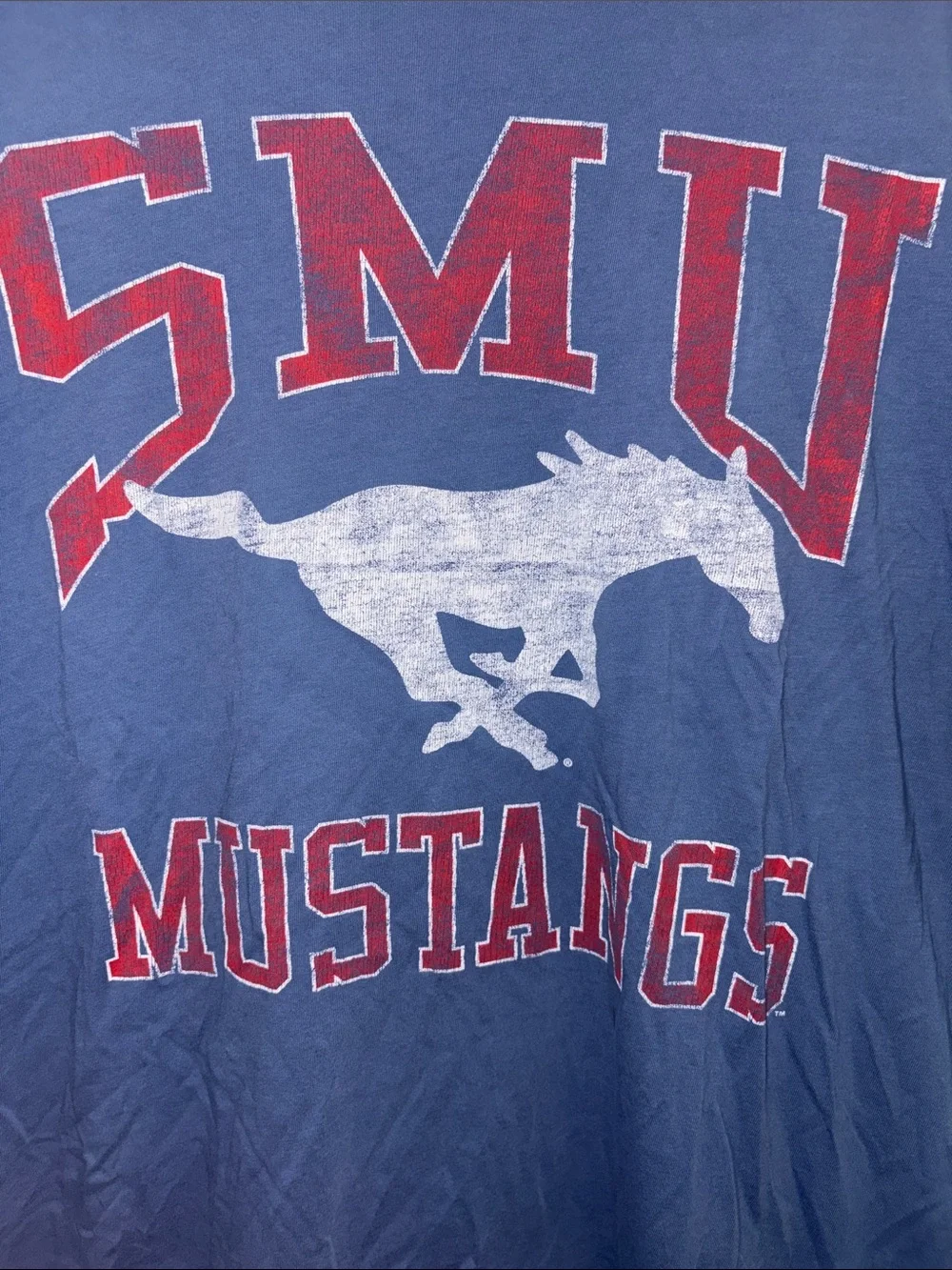 SMU Mustangs Short Sleeve Tee in Blue with Red Graphic